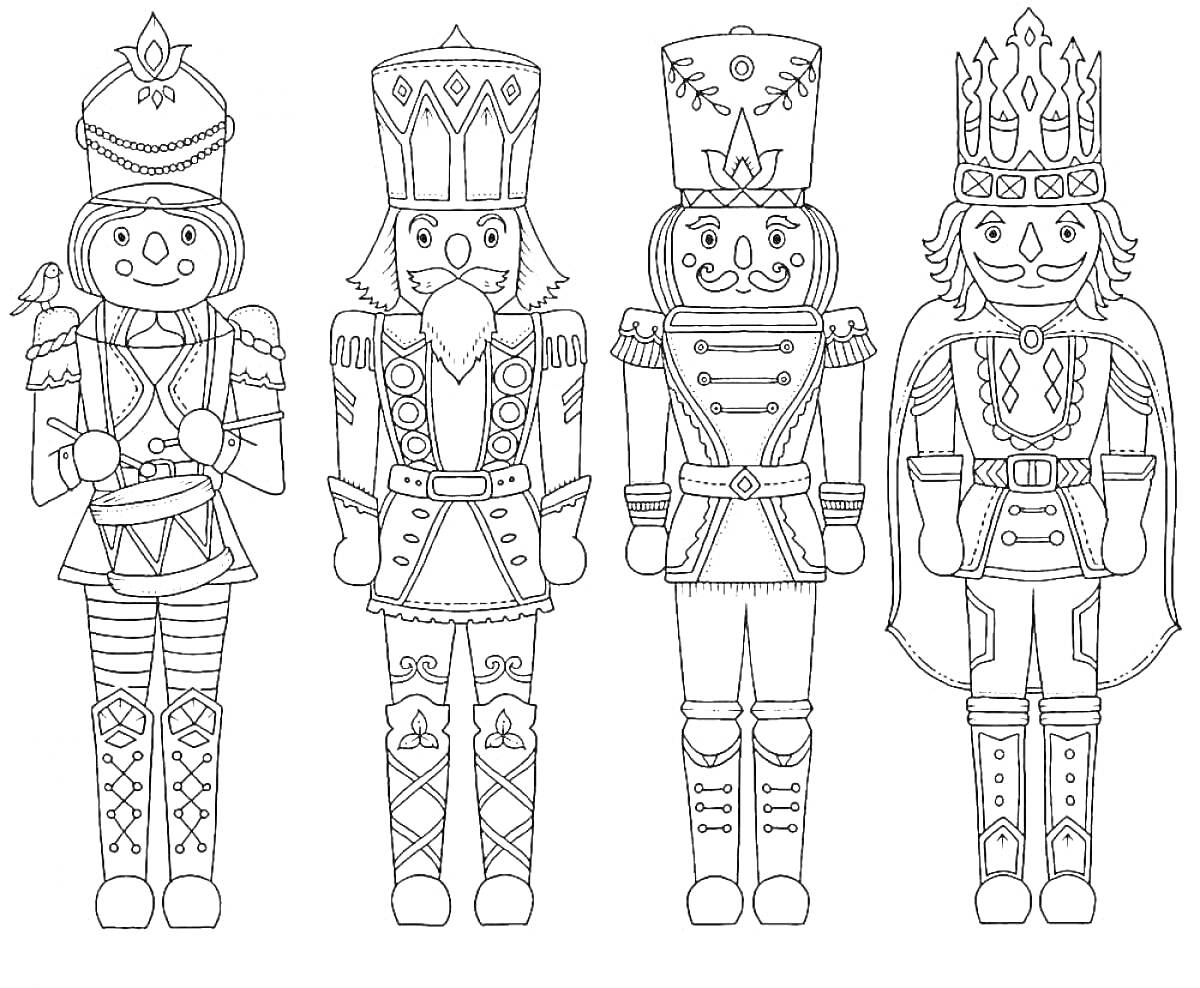 Раскраска Четыре щелкунчика в различных костюмах