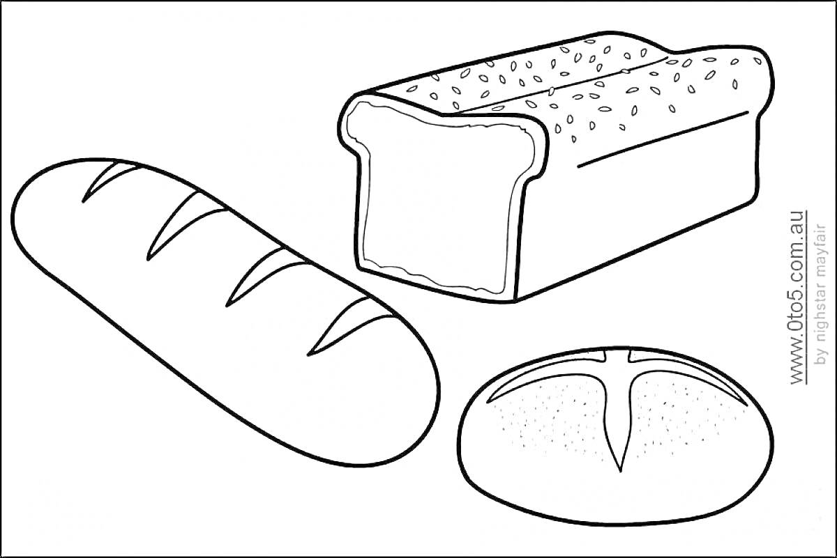 Раскраска Буханка хлеба, багет и круглая булка