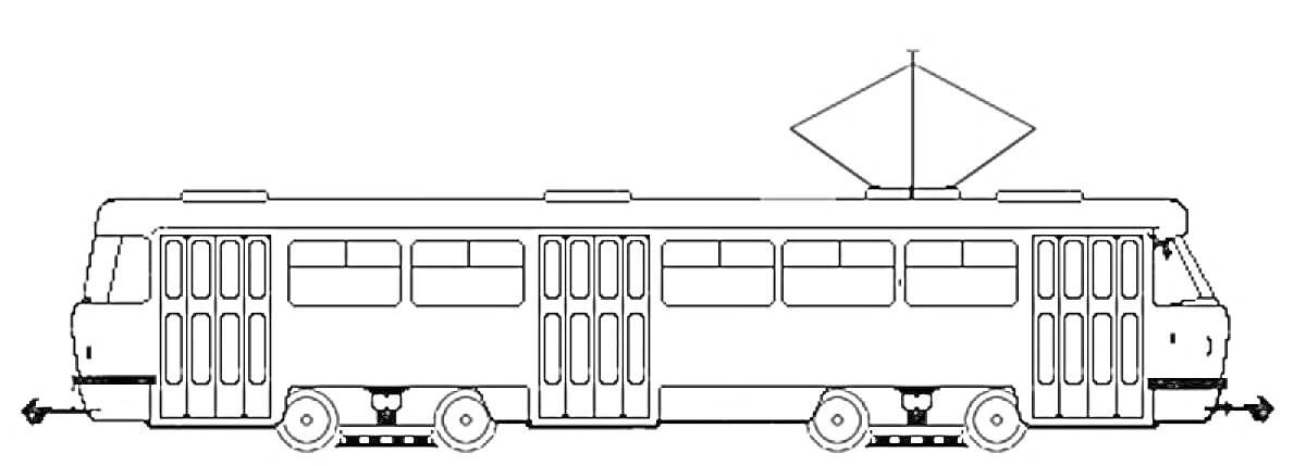 На раскраске изображено: Трамвай, Транспорт, Городской транспорт, Окна, Рельсы, Колеса, Дверь, Антенны