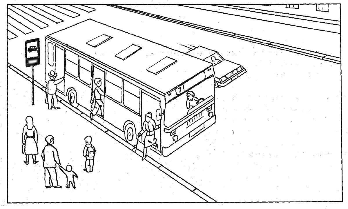 На раскраске изображено: Автобус, Остановка, Общественный транспорт, Правила поведения, Ожидание