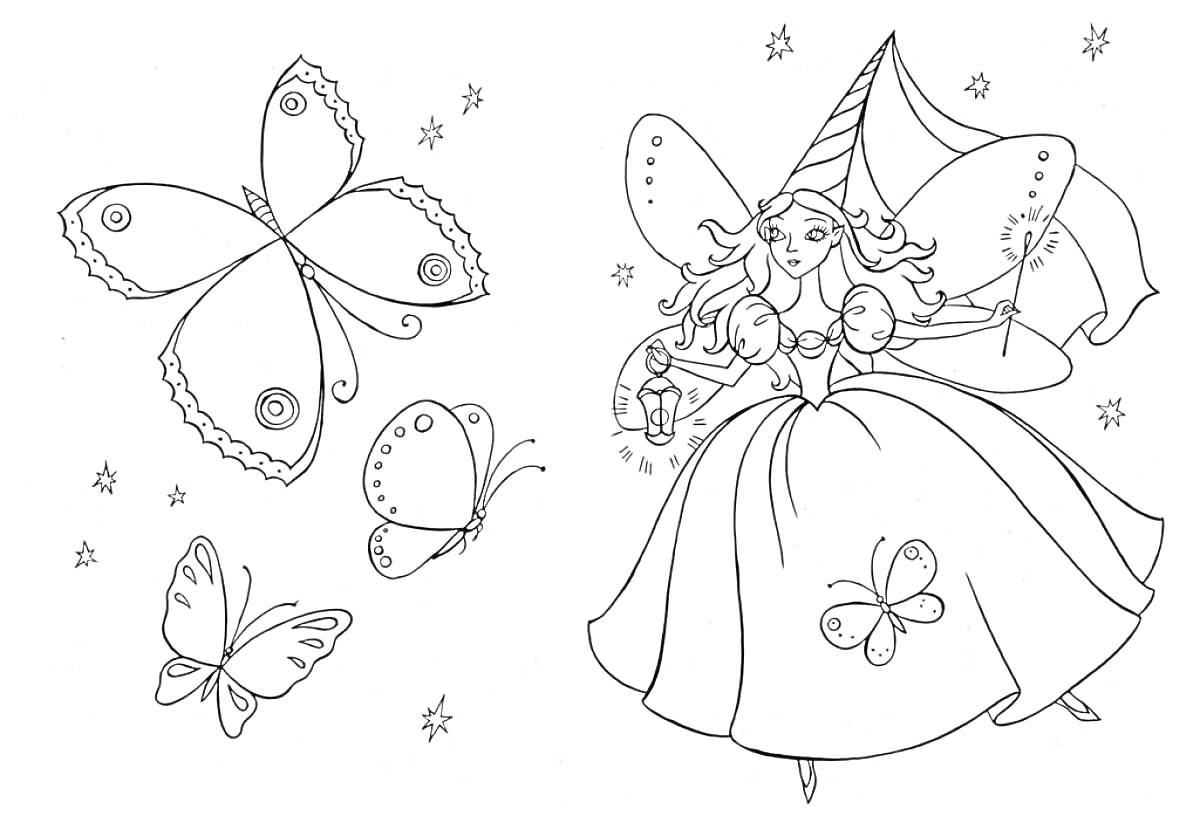 Раскраска Фея с волшебной палочкой, кристаллом, бабочками и звездами