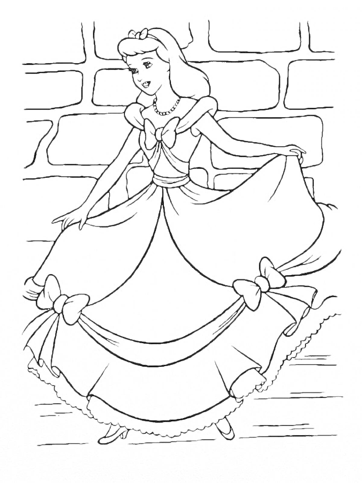 Раскраска Золушка в красивом платье с бантами около кирпичной стены
