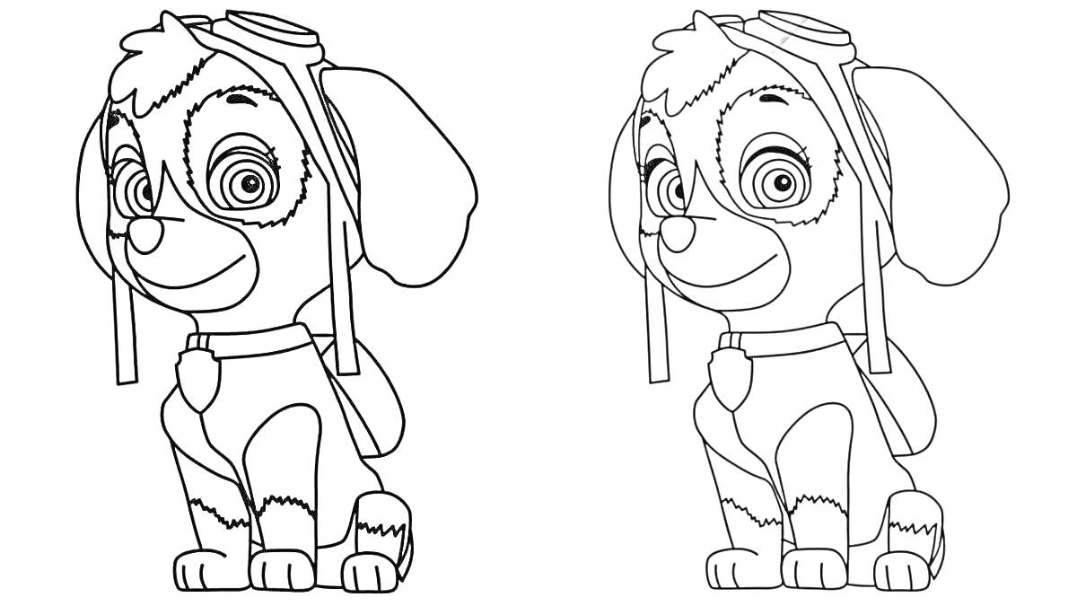 Раскраска Скай из мультфильма с шлемом и защитными очками, один вариант черно-белый, другой раскрашенный