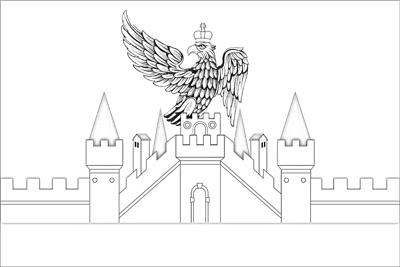На раскраске изображено: Орел, Крепость, Башни, Корона, Город Орел, Иллюстрация, Символика
