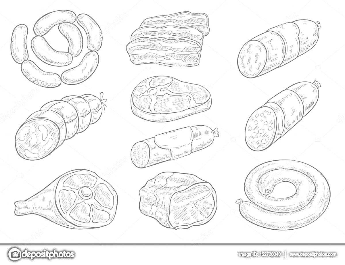 На раскраске изображено: Мясные продукты, Мясо, Колбаса, Бекон, Окорок, Стейк