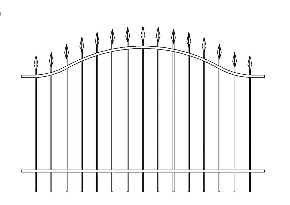 Изогнутый металлический забор с остроконечными верхушками