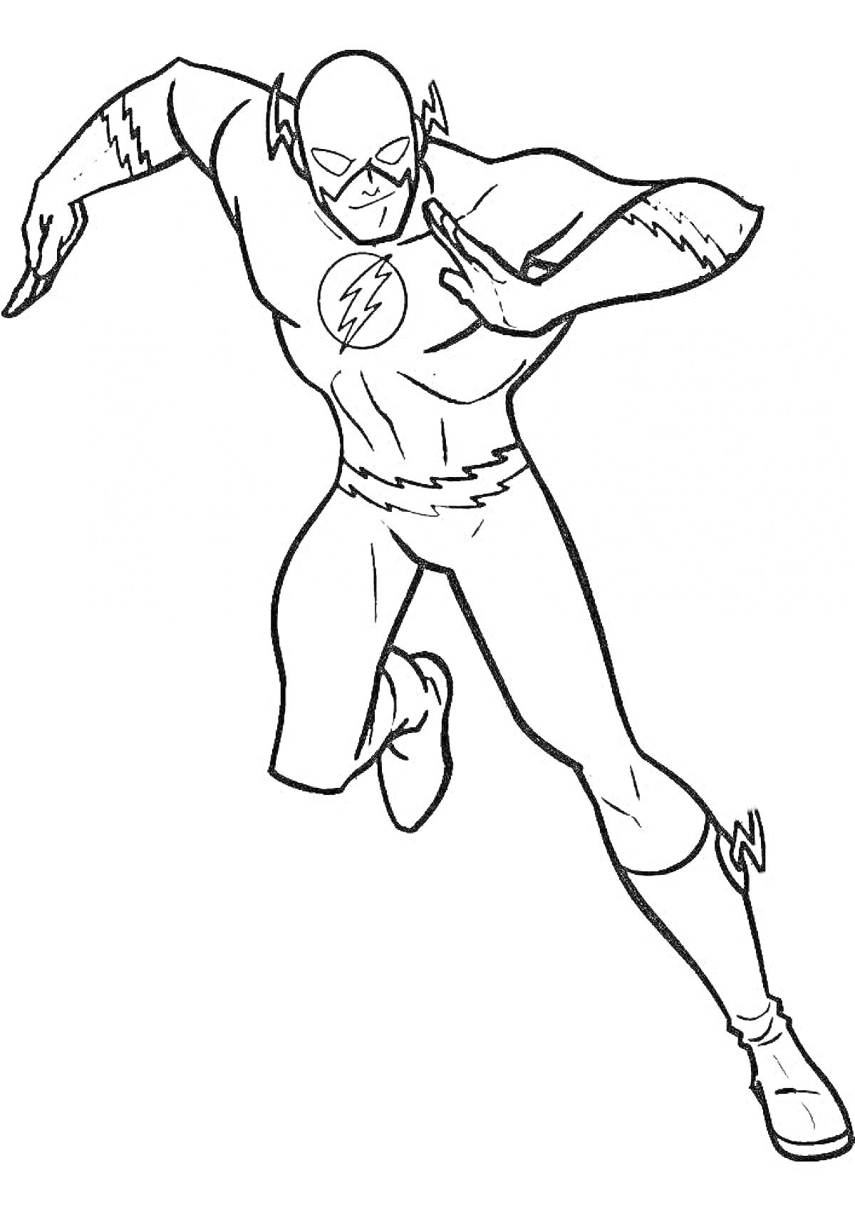 Раскраска Человек в костюме супергероя Флеша в движении, с молнией на груди и молниевыми деталями на костюме
