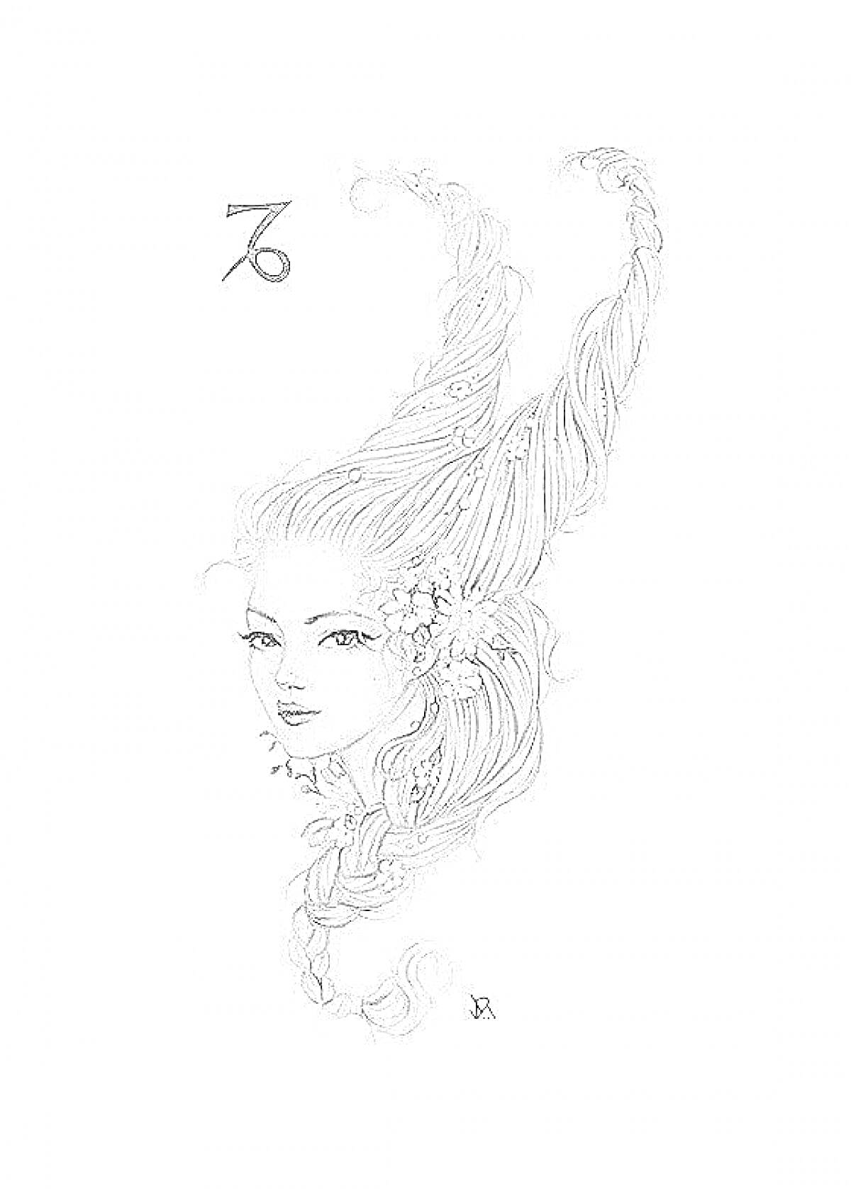 На раскраске изображено: Козерог, Длинные волосы, Цветы, Знак зодиака, Женщина
