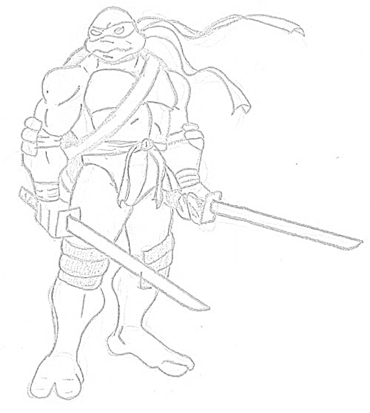 Раскраска Черепашка-ниндзя с двумя мечами, с повязкой на голове, с ремнем через грудь