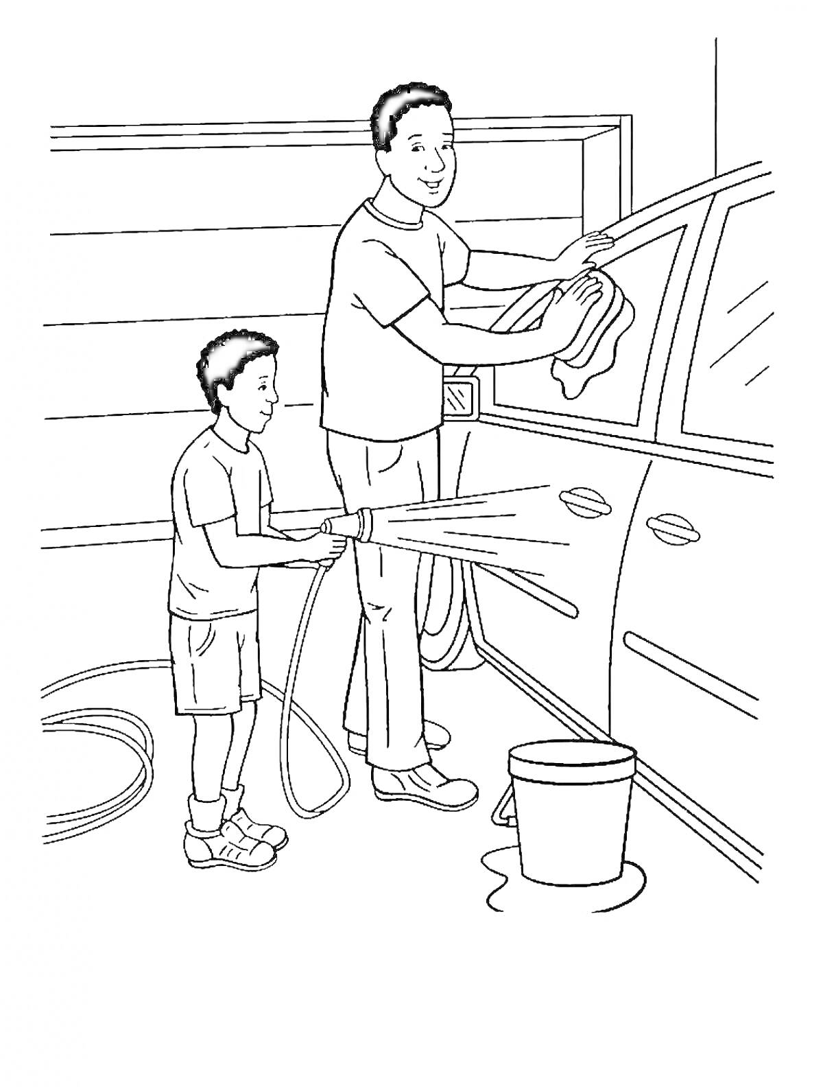 На раскраске изображено: Сын, Гараж, Шланг, Тряпка, Семья, Совместная работа