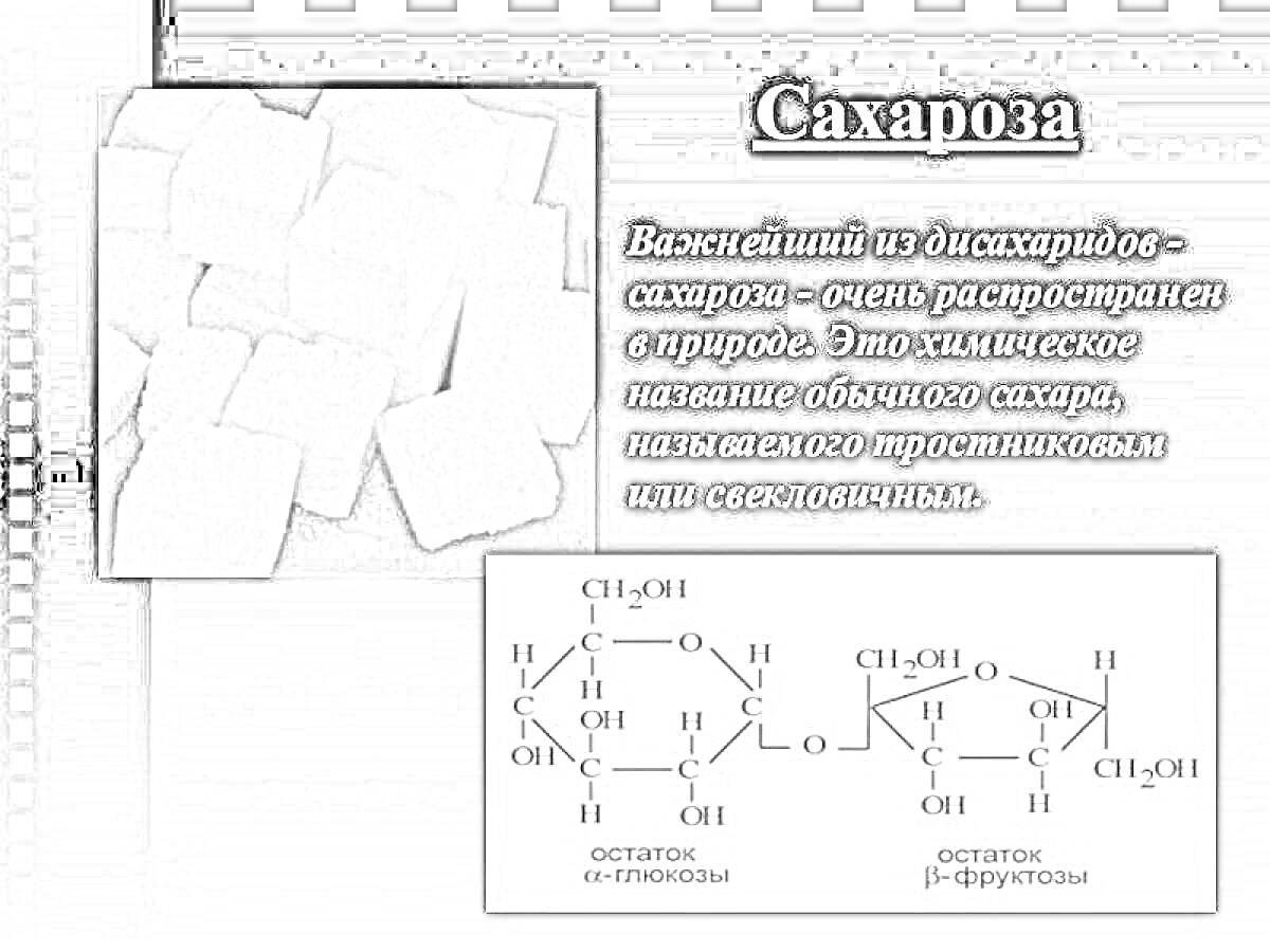 Раскраска сахароза, структура молекулы сахарозы, сахарные кубики