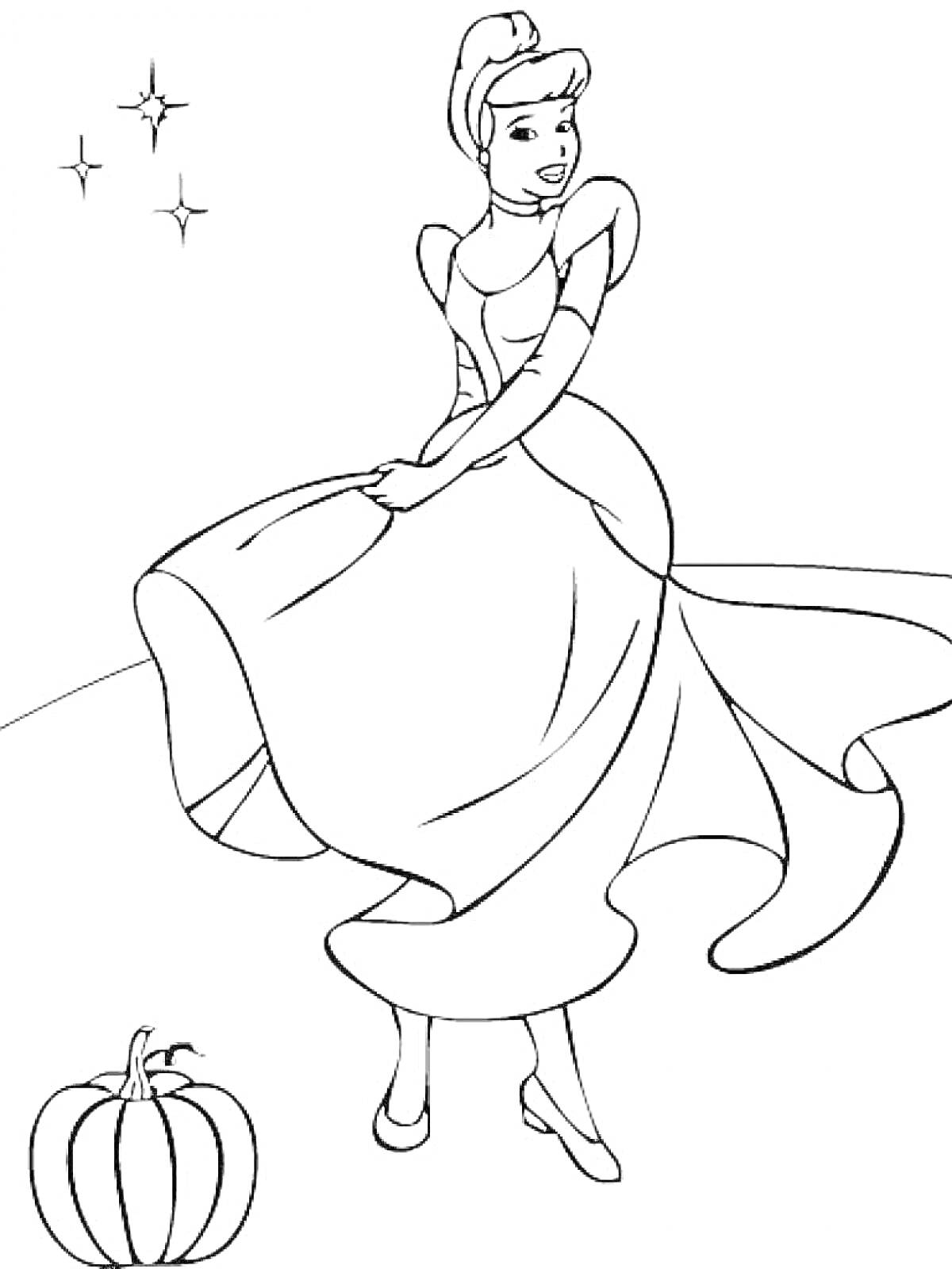 Раскраска Золушка в пышном платье с тыквой и звездами