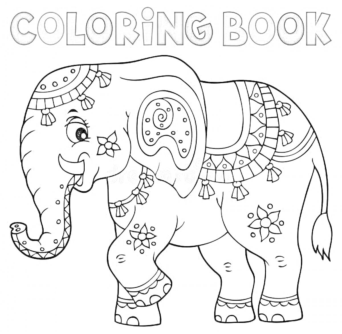 Раскраска Раскраска с индийским слоном, украшенным орнаментами, с надписью 