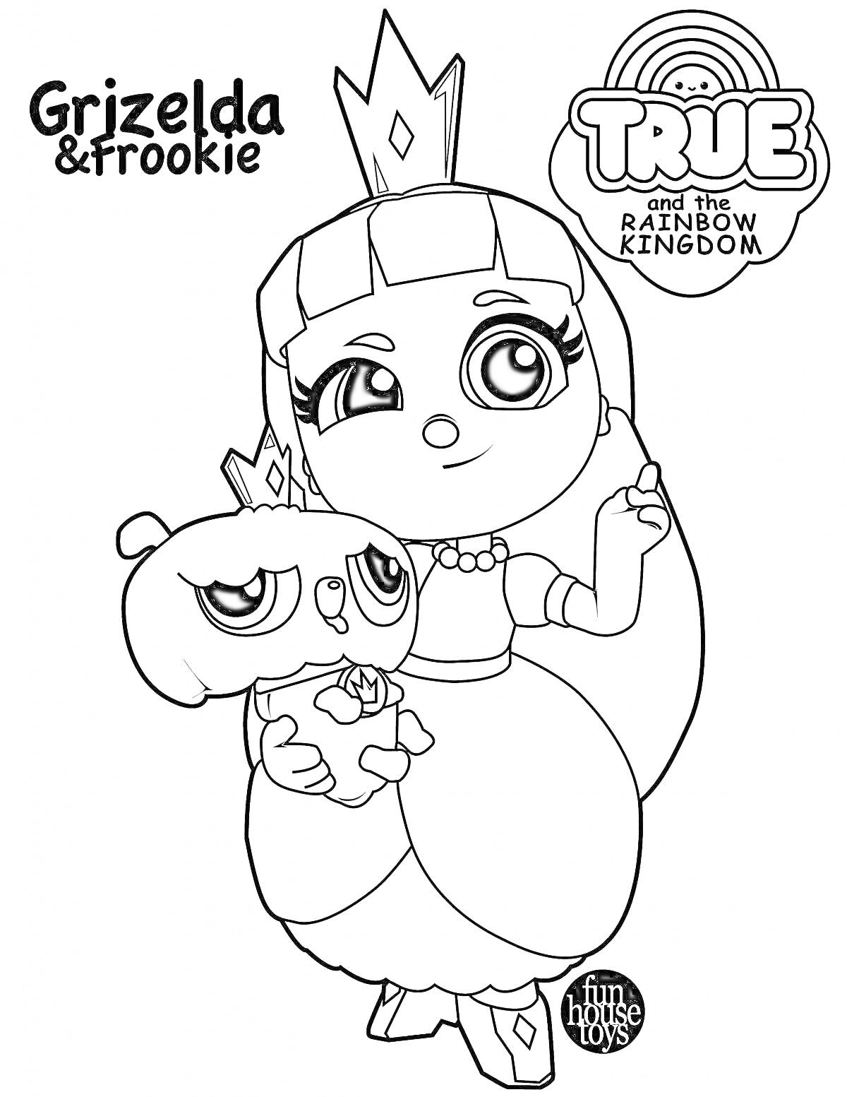 Раскраска Grizelda с плюшевой игрушкой Frookie на фоне логотипа 