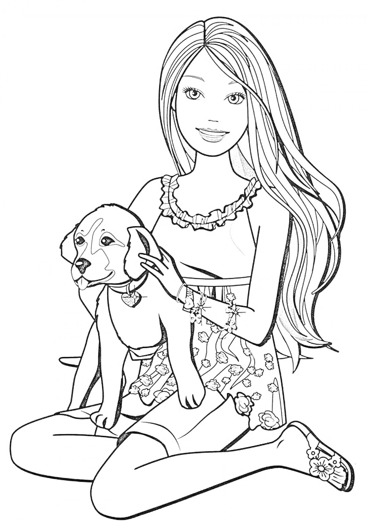Раскраска Девочка с щенком на руках сидит на полу
