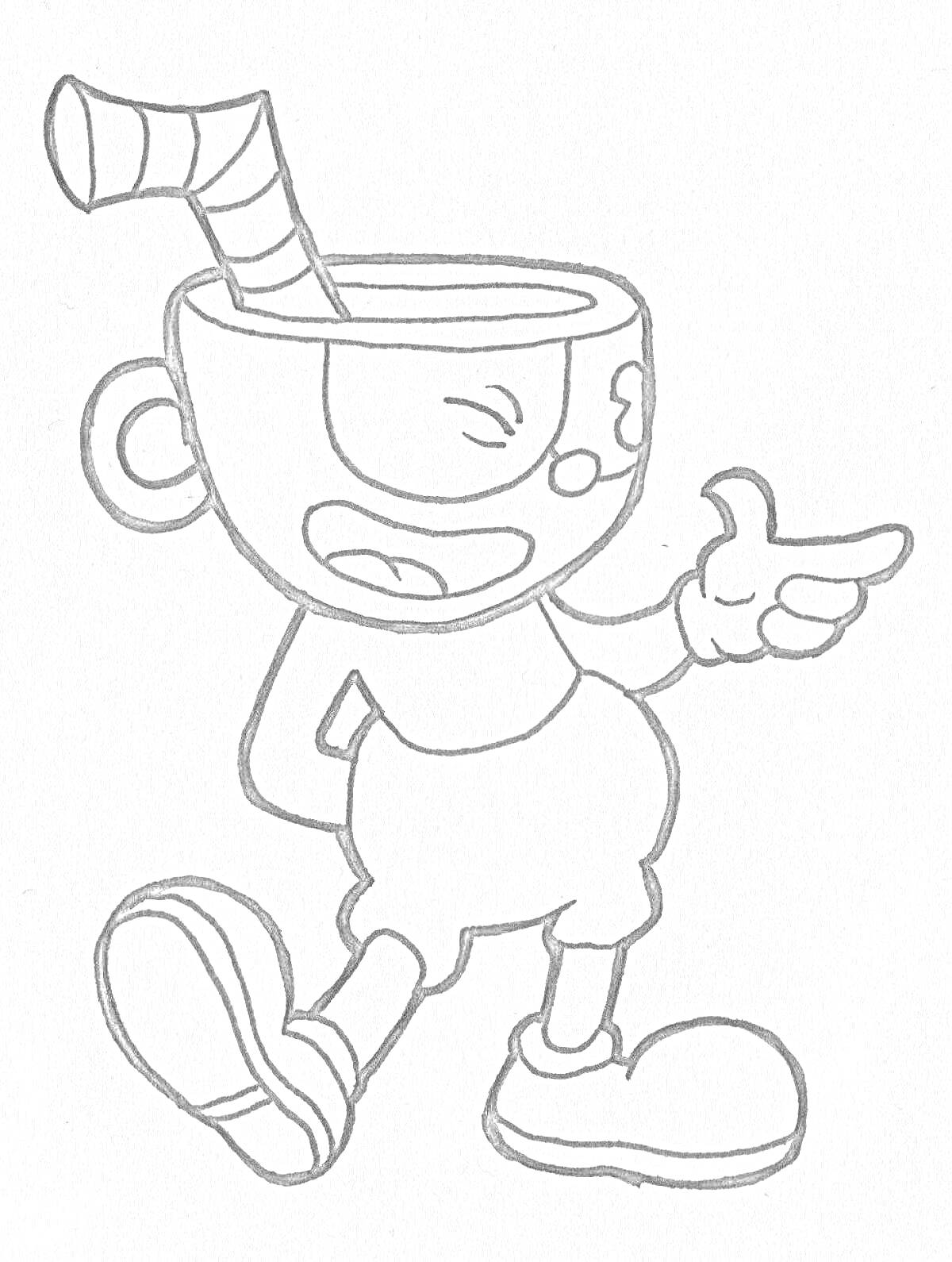 На раскраске изображено: Cuphead, Персонаж, Соломинка, Рука, Обувь