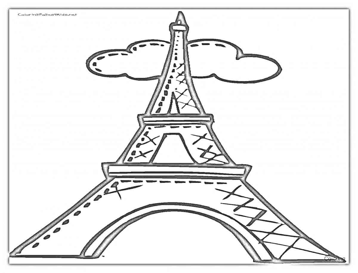 На раскраске изображено: Эйфелева башня, Париж, Франция, Облака, Архитектура, Достопримечательности, Рамки