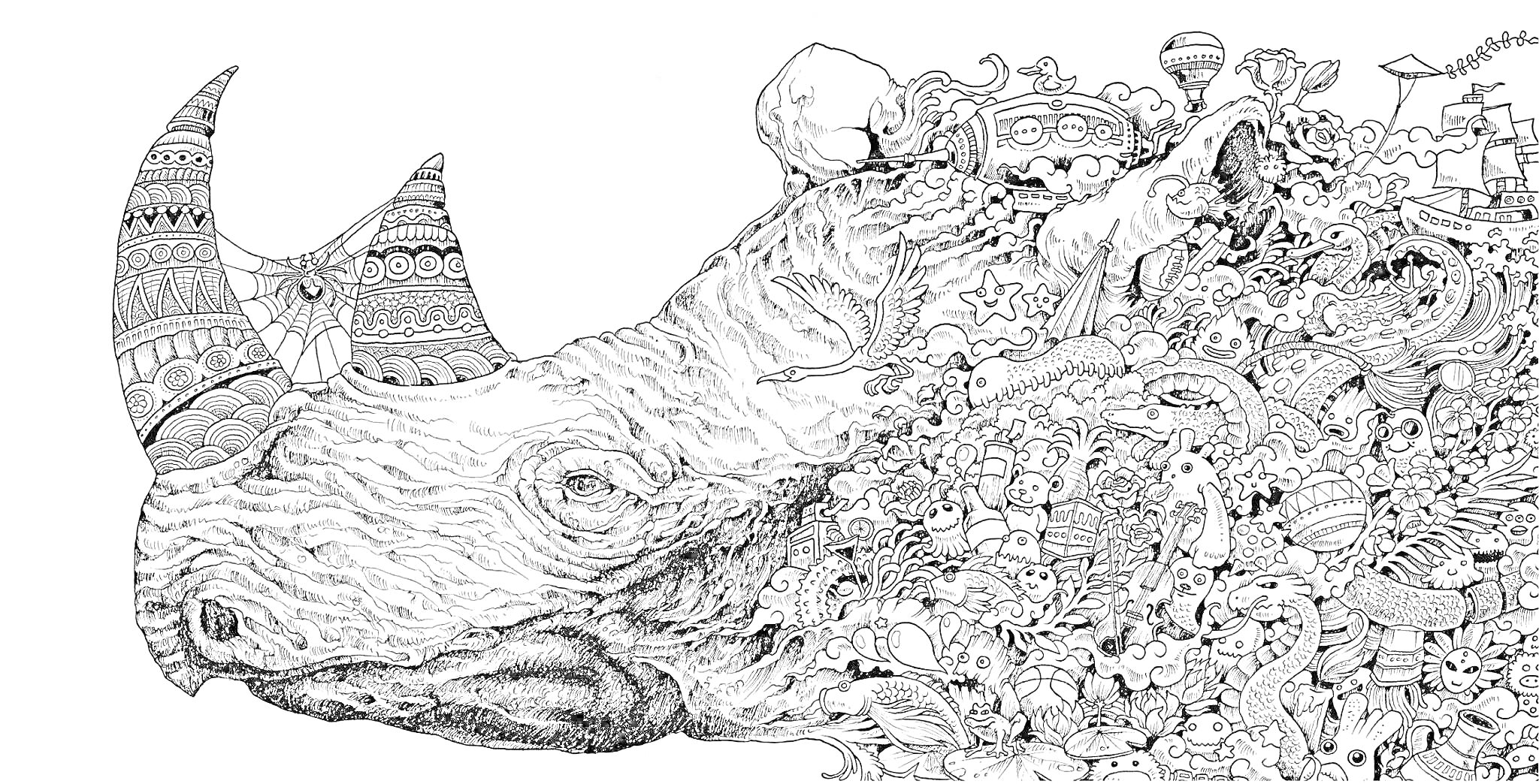 Раскраска Носорог с множеством элементов, включая людей, животных, птиц, растения, предметы быта и фантастические существа.