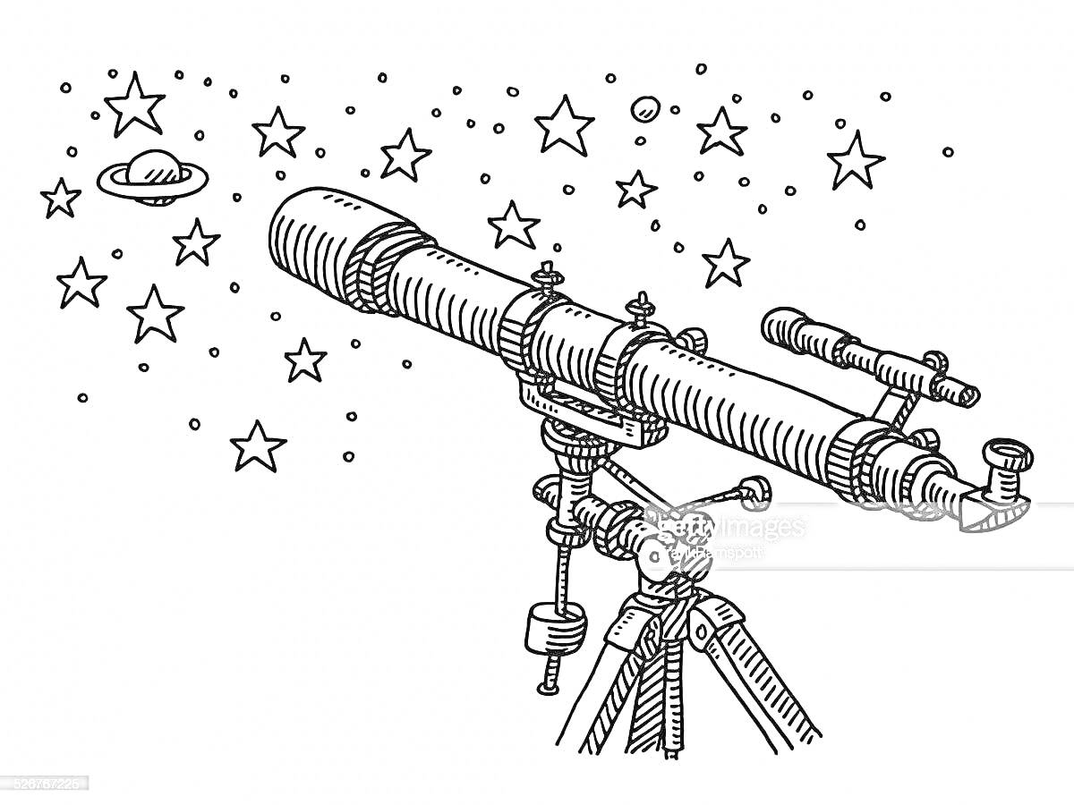 На раскраске изображено: Телескоп, Тренога, Звезды, Космос, Астрономия, Для детей