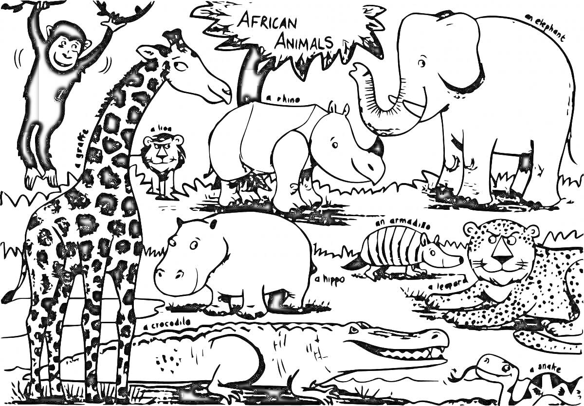 На раскраске изображено: Африканские животные, Сафари, Лев, Гиппопотам, Крокодил, Шимпанзе, Носорог, Слон, Броненосец, Гепард, Природа, Животные, Дикая природа