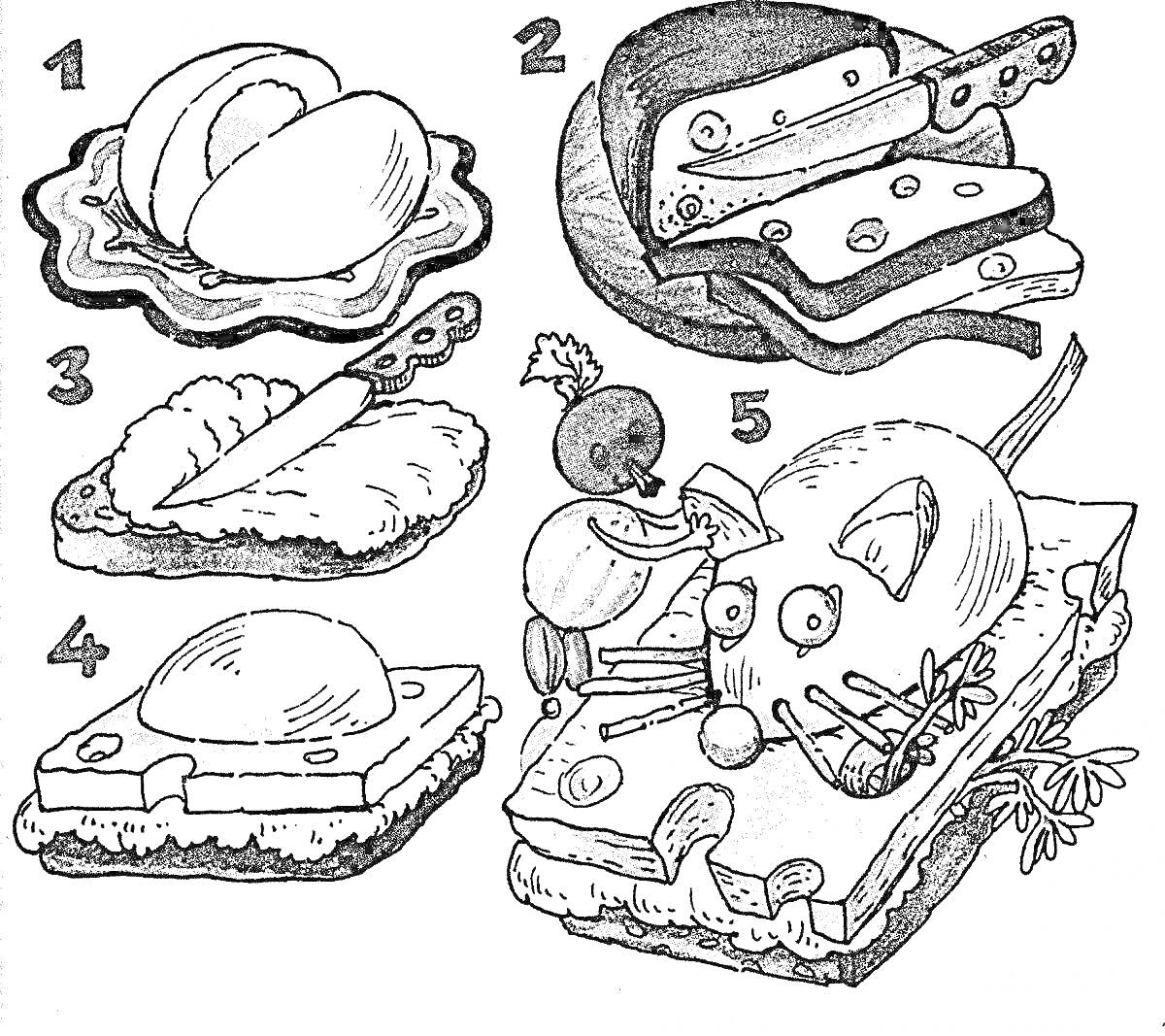 Раскраска Пять этапов приготовления бутерброда - нарезка яйца, сыра и овощей, укладка ингридиентов на хлеб, готовый бутерброд с мышонком