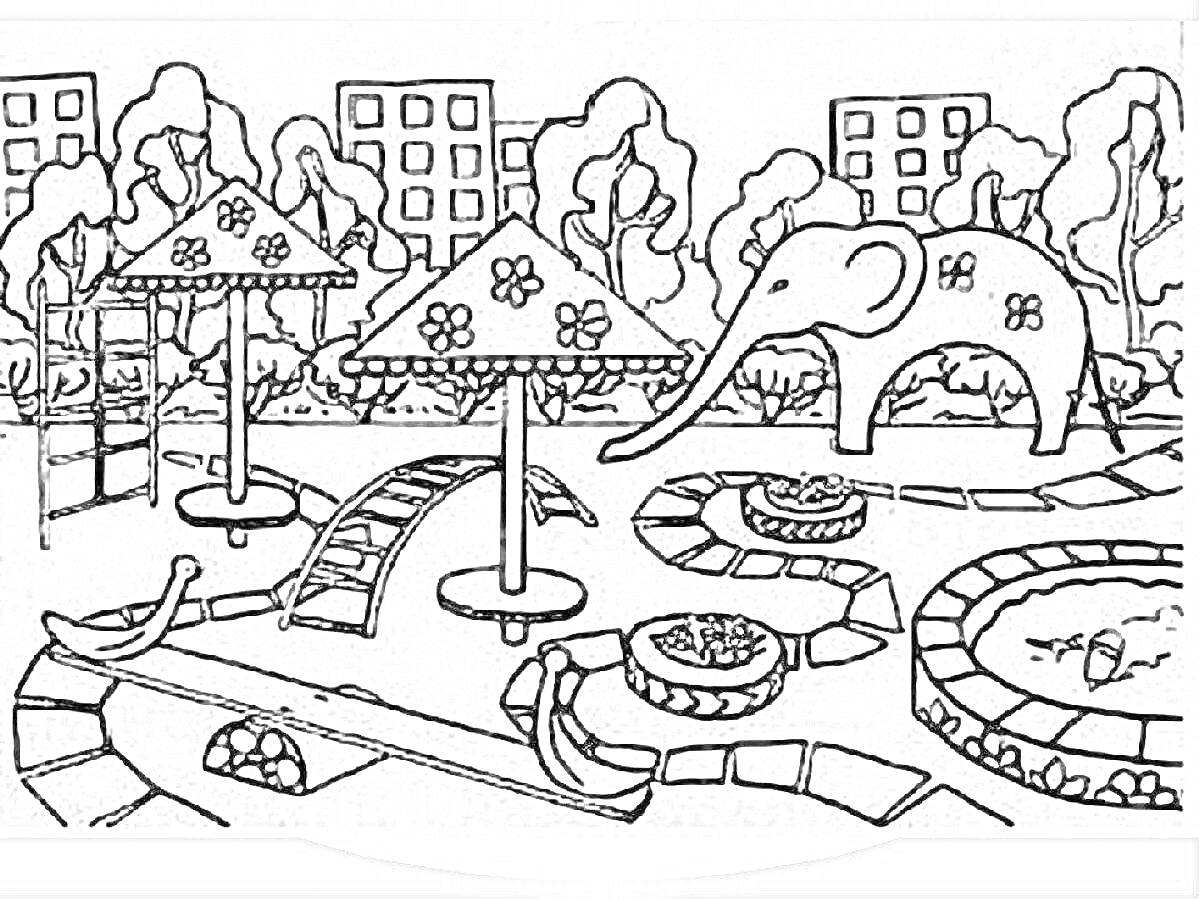 Раскраска Детская площадка на фоне жилых домов с качелями, зонтиками, лестницей, декоративным слоном, песочницей, деревьями и кустарниками