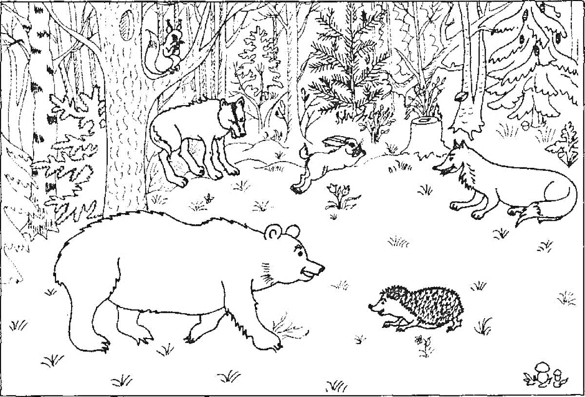На раскраске изображено: Лес, Зима, Медведь, Волк, Заяц, Лиса, Еж, Белка, Деревья, Снег