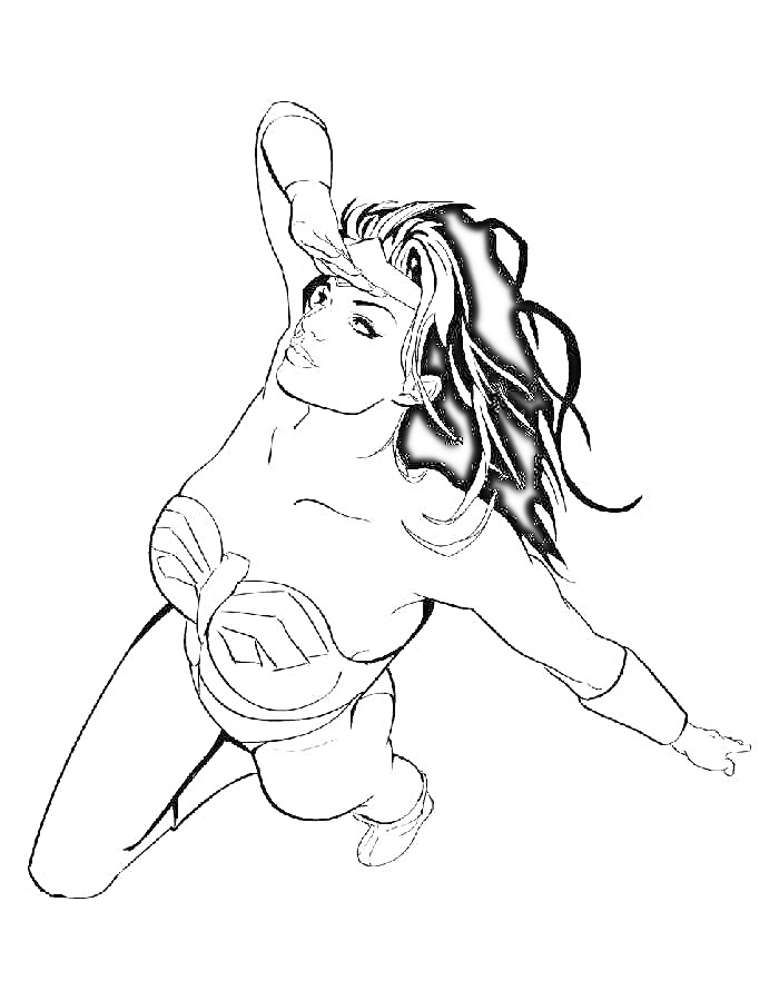 Раскраска Женщина-супергерой летит, держа руку у головы, длинные волосы развеваются назад, однотонный костюм с узором на груди
