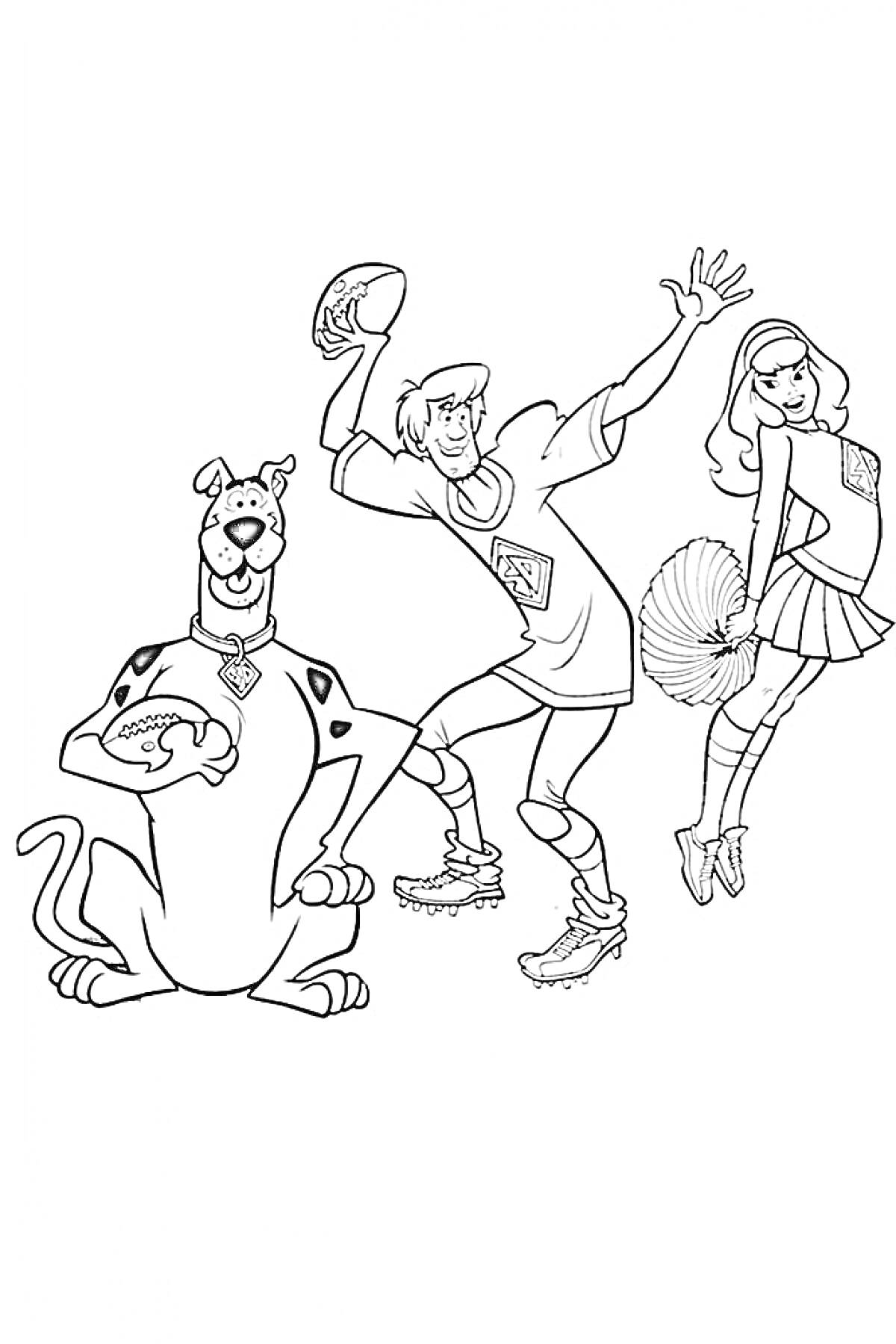 Раскраска Скуби Ду с футбольным мячом, персонаж в спортивной одежде с мячом для американского футбола, девочка в костюме черлидерши с помпонами