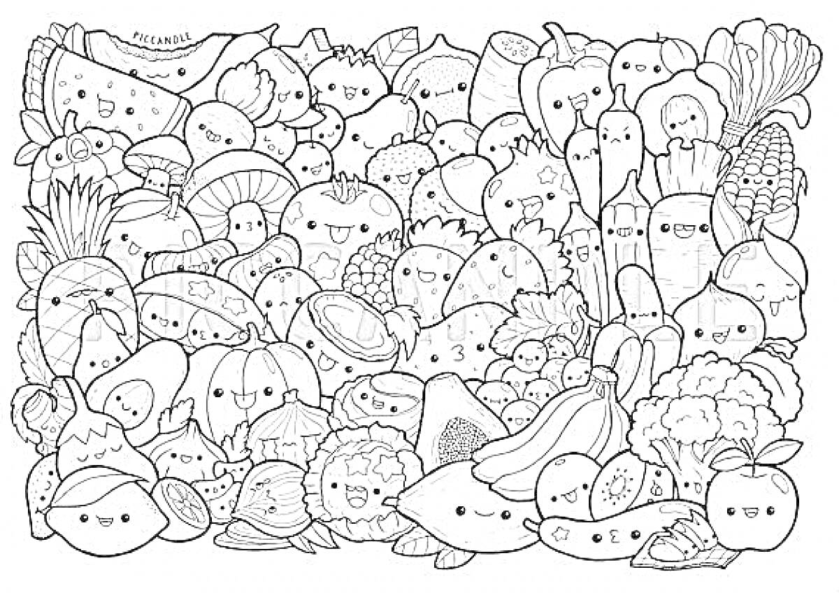 Раскраска Раскраска антистресс с изображением множества авокадо и других фруктов и овощей с лицами
