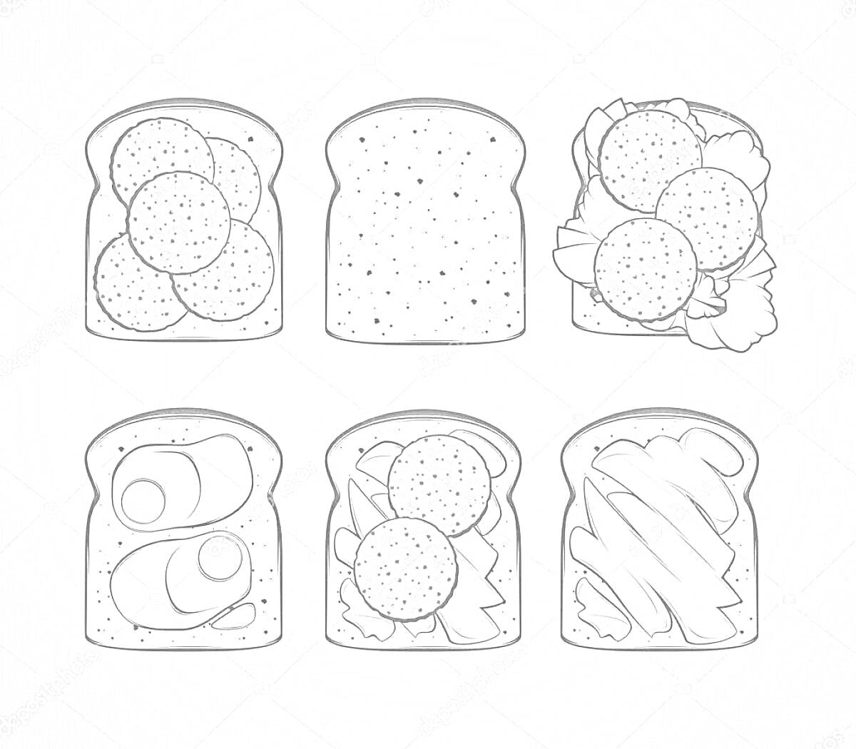 На раскраске изображено: Бутерброд, Колбаса, Еда, Хлеб, Салат, Сыр