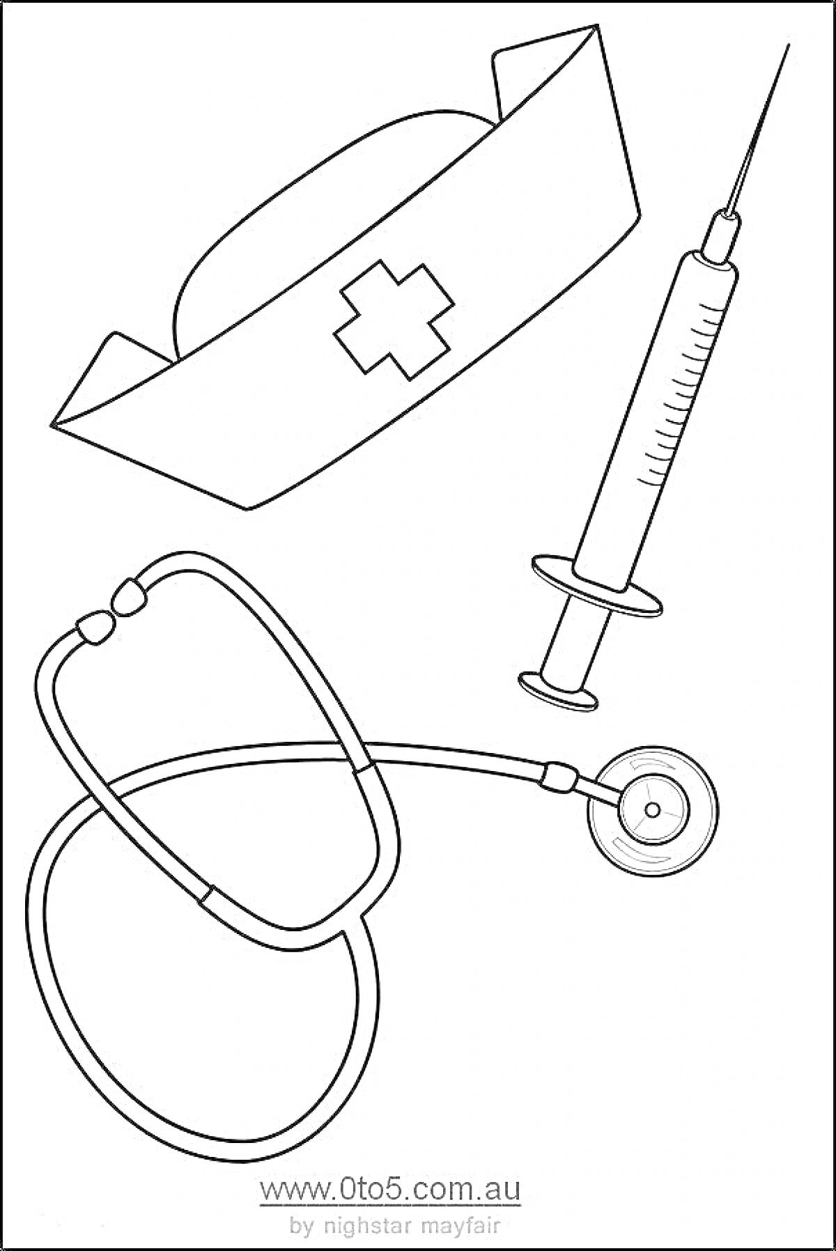 На раскраске изображено: Медицина, Крест, Шприц, Стетоскоп, Медицинское оборудование, Медсестра, Врач