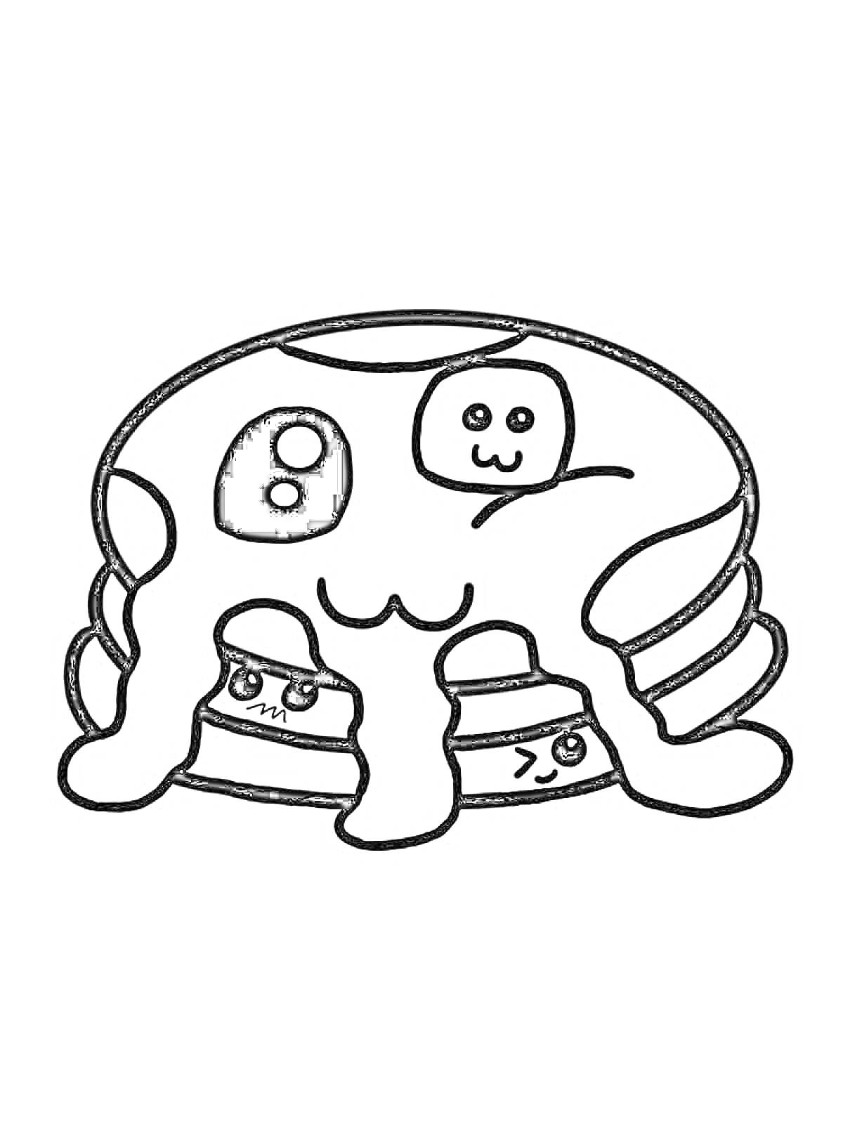 Раскраска Блинчики с тремя кавайными лицами и тающим маслом