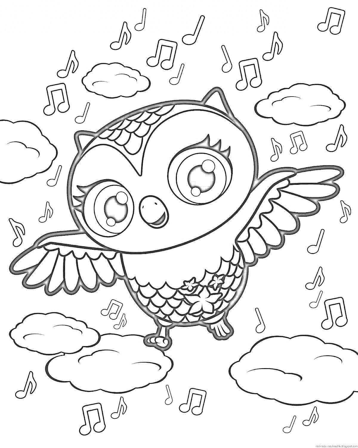 Раскраска Совенок с крыльями, окруженный облаками и нотами