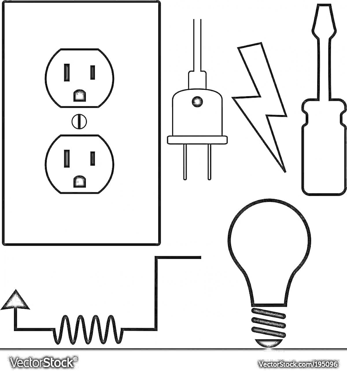На раскраске изображено: Электрик, Розетка, Вилка, Молния, Отвертка, Электричество