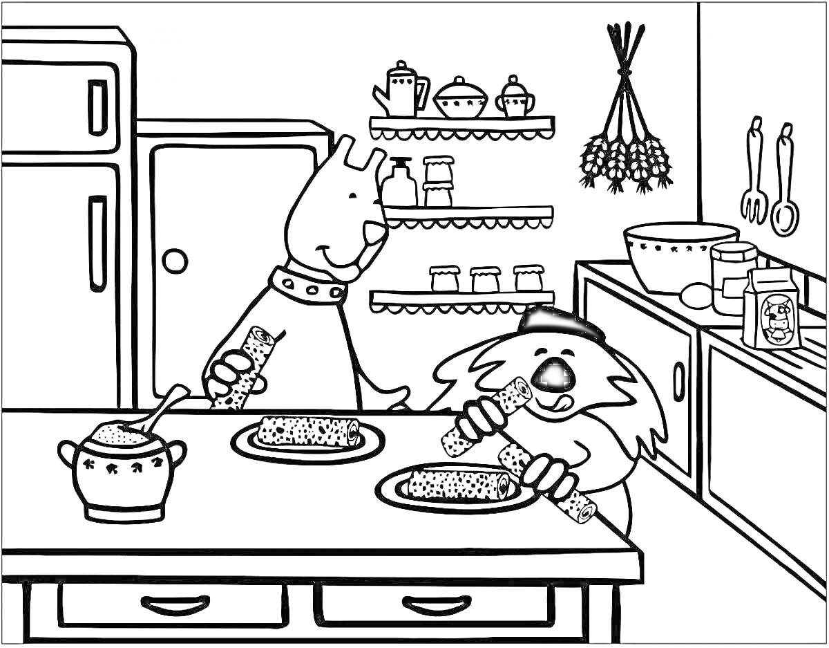 Раскраска Животные на кухне: холодильник, две тарелки на столе, полки с посудой, кастрюли, ложки, продукты на столе, животные в фартуках готовят еду, кастрюля с ложкой, специи, холодильник