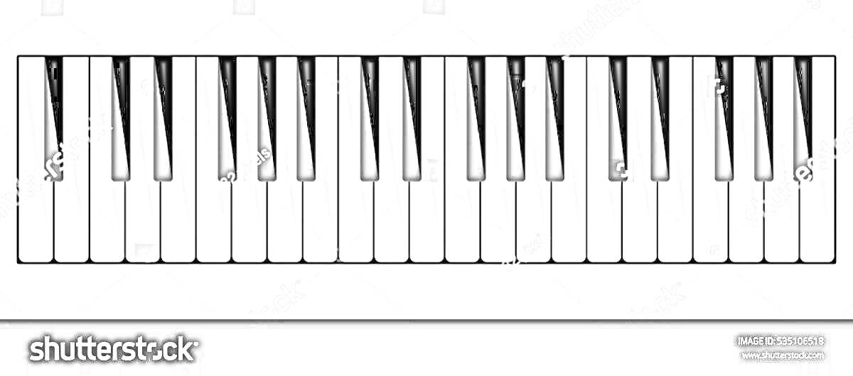 Раскраска Клавиши пианино (3 октавы) - черные и белые клавиши на белом фоне