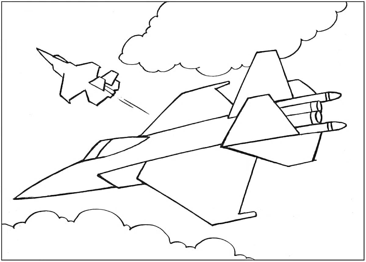На раскраске изображено: Истребители, Самолеты, Облака, Небо