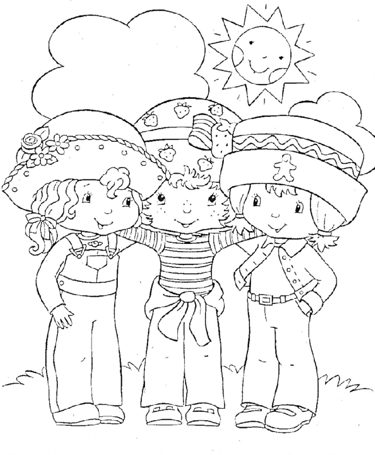 Раскраска Трое друзей в шляпах на лугу под солнцем и облаком