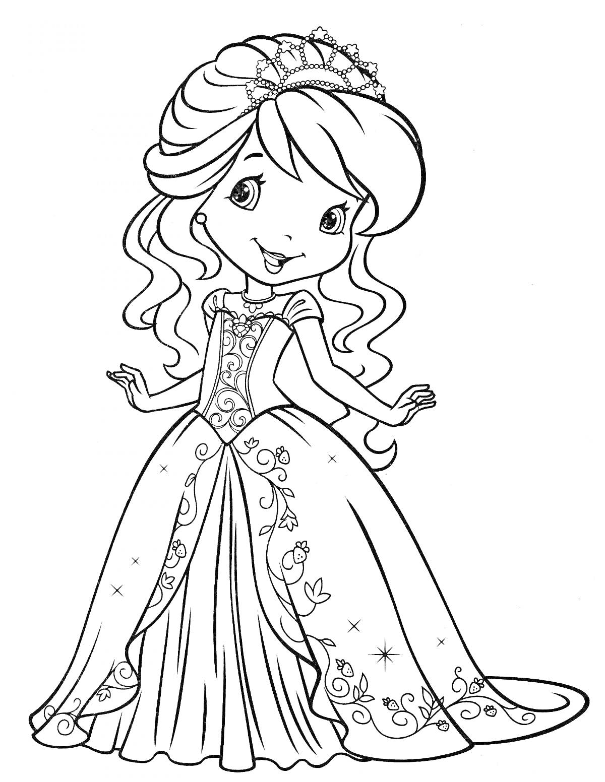 Раскраска Принцесса в длинном платье с узорами и короной на голове