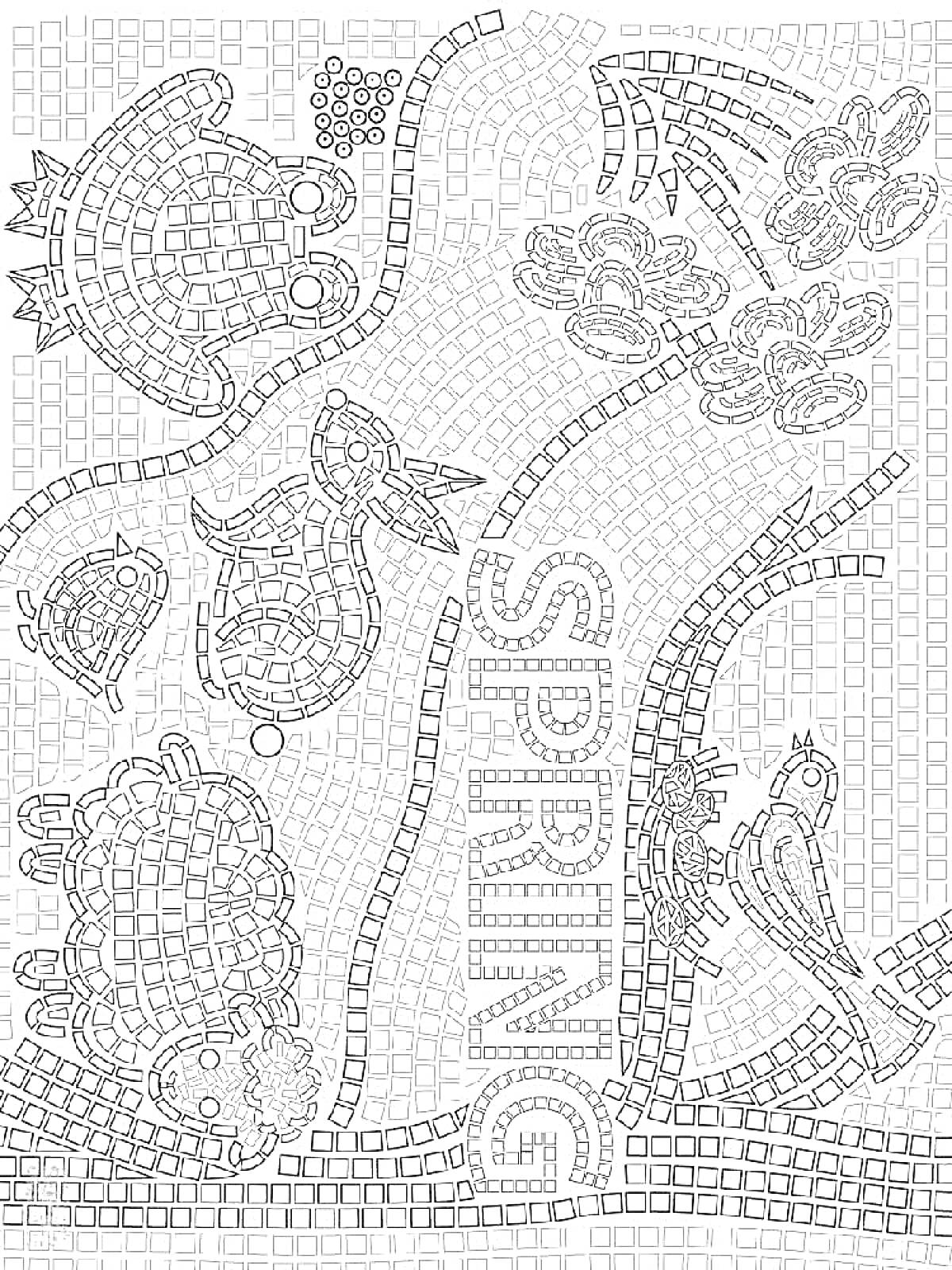 Раскраска Весенняя мозаика с овцой, птичкой, рыбкой, лягушкой и цветами