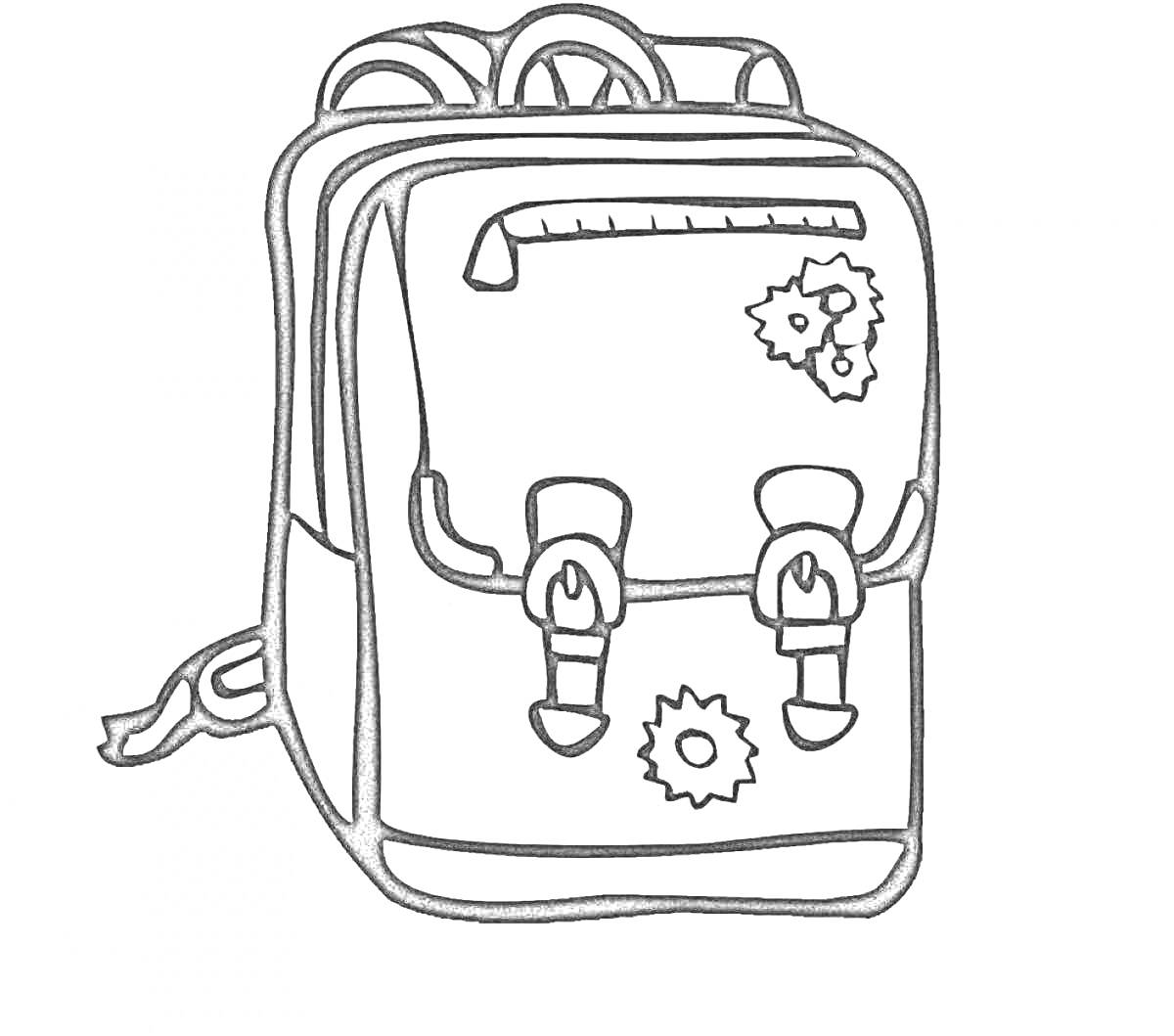 На раскраске изображено: Рюкзак, Наклейки, Цветы, Застёжки, Школьный рюкзак, Сумка