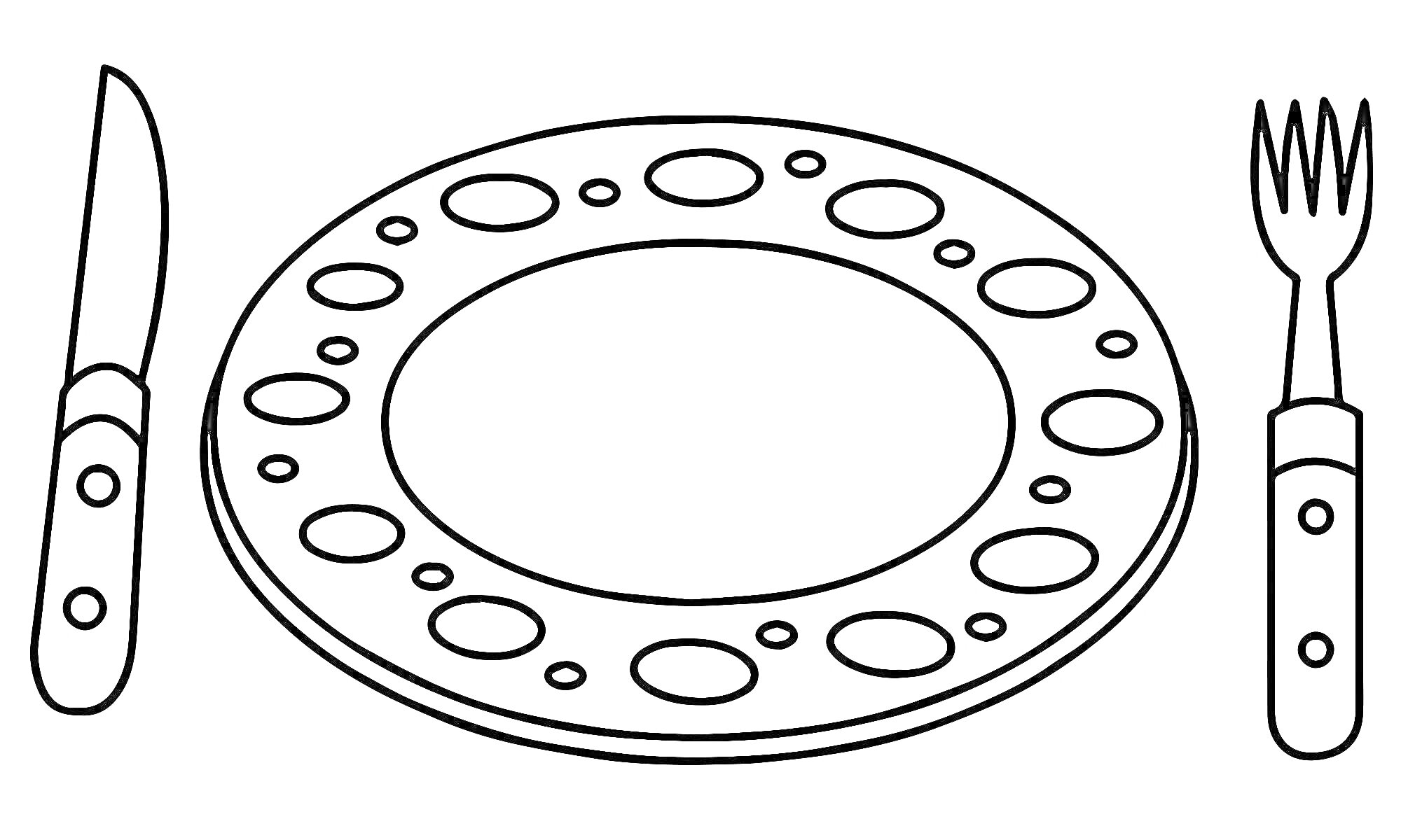 Раскраска тарелочка с узором и столовыми приборами (нож и вилка)