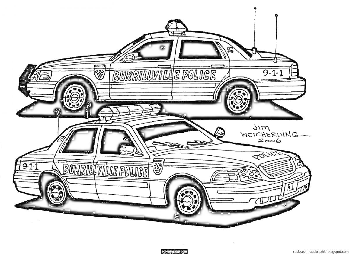 На раскраске изображено: Милиция, Полицейская машина, Патрульная машина, Мигалки, Антенны, Транспорт, Служебная машина, Полиция