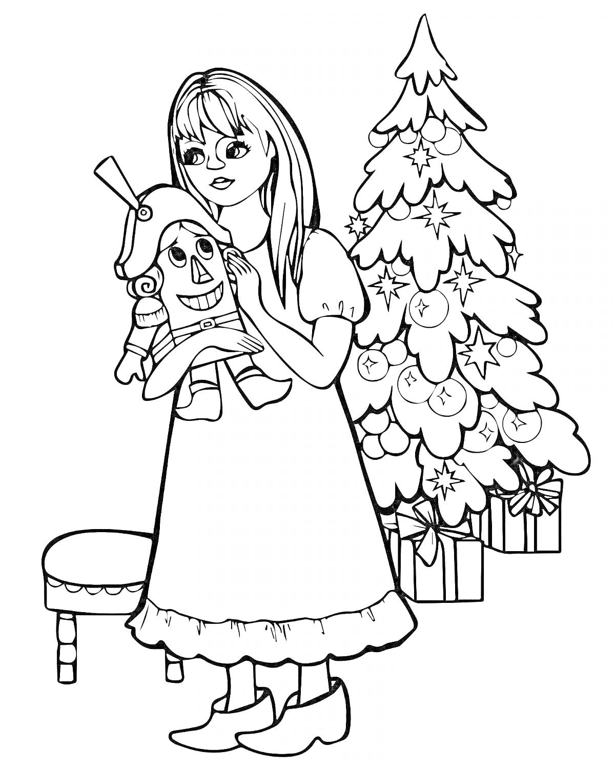 На раскраске изображено: Девочка, Щелкунчик, Рождественская елка, Подарки, Стул, Новогодняя атмосфера