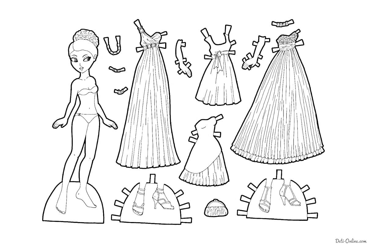 Раскраска Девочка с одеждой и нарядами (два длинных платья, одно короткое платье, обувь, головной убор, аксессуары)