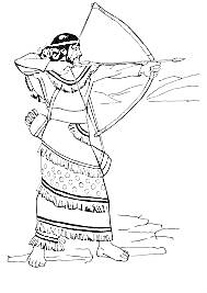 Лучник в традиционном костюме, целящийся из лука, с колчаном и стрелами за спиной