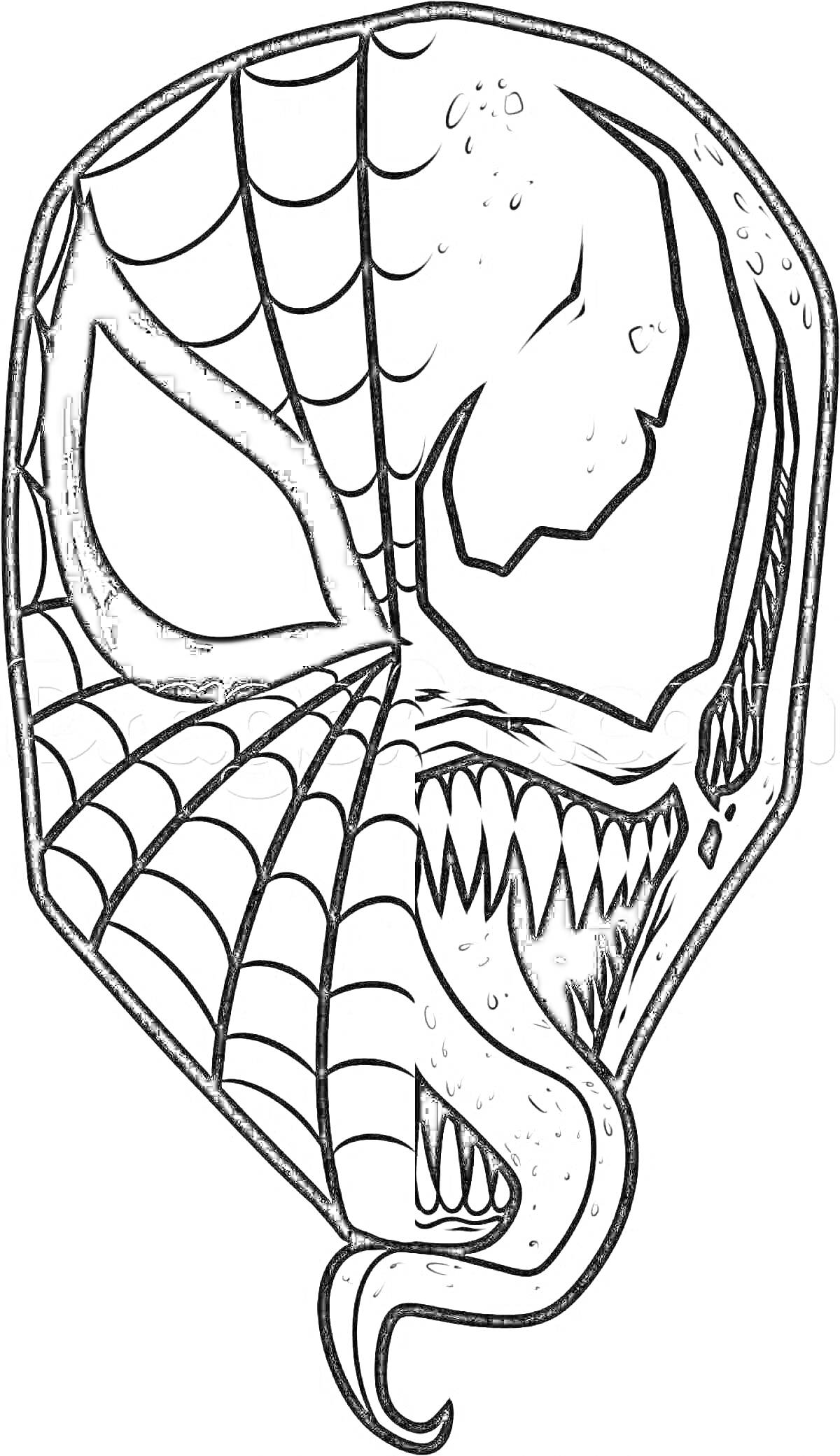 Раскраска Лицо Человека-Паука с паутиной и острыми зубами