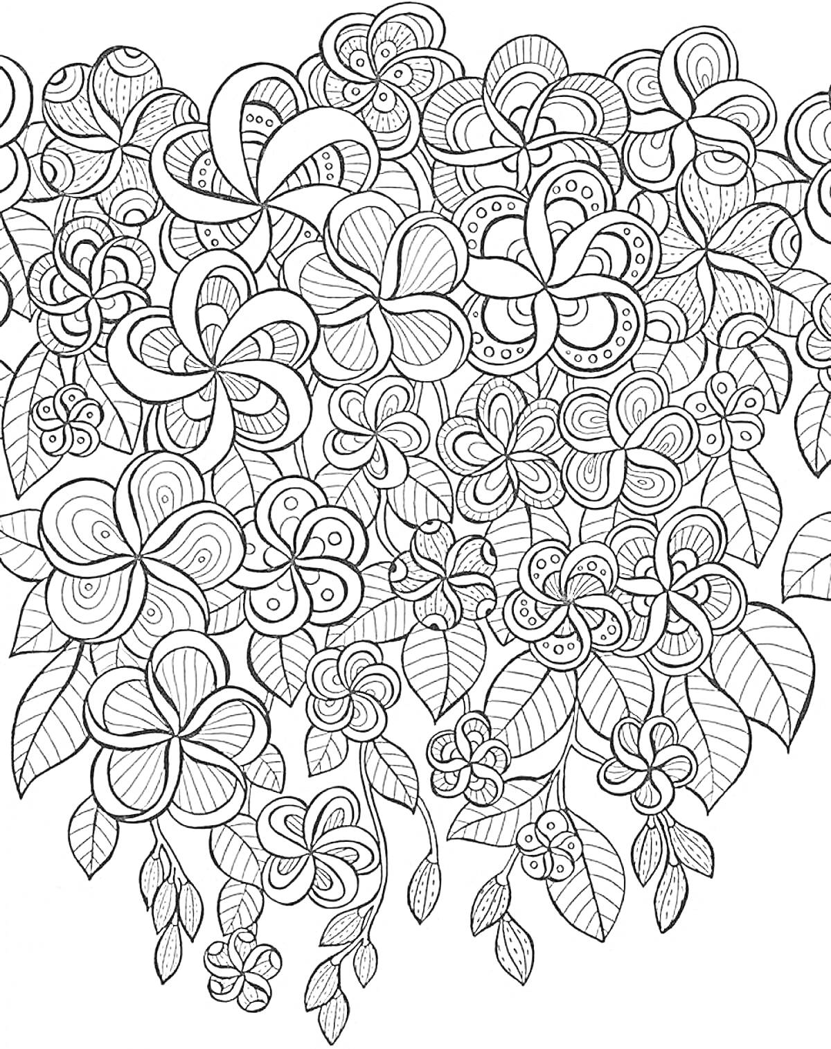 Раскраска Цветочная композиция с множеством цветов и листьев
