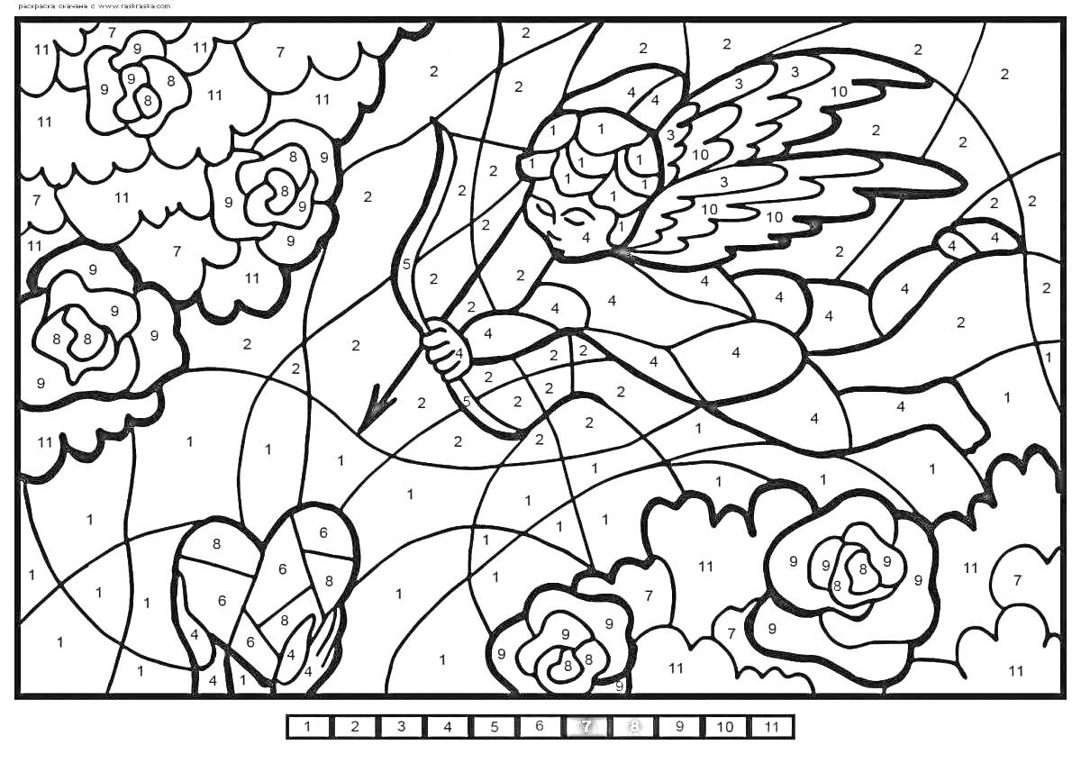 На раскраске изображено: По номерам, Купидон, Цветы, Розы, Облака, Крылья, Арт, Творчество